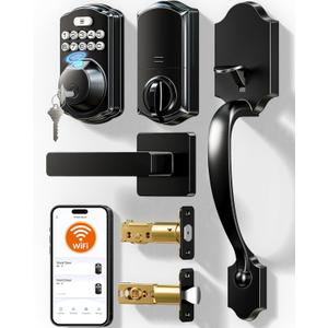 Veise VE012W-H WiFi Smart Front Door Lock Set, Built-in WiFi, App Remote & Voice Control, Fingerprint Keyless Entry Smart deadbolt with Handle, Backlit Keypad, Auto Lock, IP55 Waterproof, Matte Black