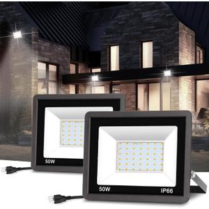JandCase Dusk to Dawn Flood Lights Outdoor, 50W Plug in Floodlights with 9.8FT Cord, IP66 Waterproof LED Work Light Outside for Garage, Yard, Lawn, UL Listed, 2 Pack (White)