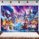 Christmas Village Photography Backdrop North Pole Snow Village Photo Backdrop Winter Night Xmas Tree Santa Party Decorations Holiday Photo Booth Banner (8x6FT)