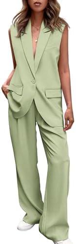 PRETTYGARDEN Women's 2 Piece Outfits Sleeveless Suit Vest and Wide Leg Pants Business Casual Blazer Sets Size S