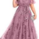 Pinup Fashion Plus Size Formal Dresses - Wedding Guest Evening Gowns Sequin Embroidery V-Neck Maxi Dress (Gray Pink, 16 Plus)