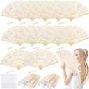 12 Pcs Lace Folding Handheld Fan for Wedding Cotton Embroidered Bridal Hand Fan with Bamboo Staves and Silk Tassels Vintage Retro for Guests Women Wedding Bridal Shower Party Favors (Beige)