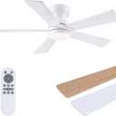 BYKISTOK 46" Flush Mount Ceiling Fan with Lights - White Modern Fan Light with Reversible Mute Motor, 3CCT Dimmable, Wind Speeds Adjustable, Low Profile Light Fixure for Indoor Use, Bedroom