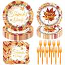 Fall Party Supplies - 96 Pcs Autumn Maple Leaf Disposable Tableware Set with Paper Plates, Napkins, Forks for Thanksgiving Harvest Party Decorations