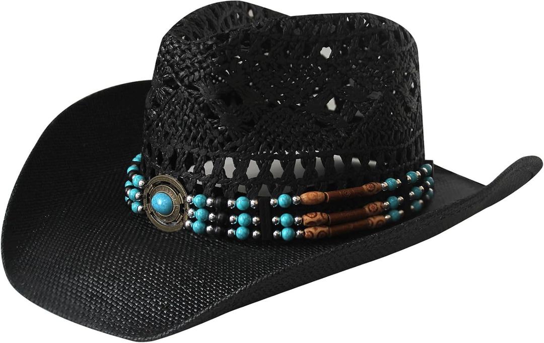 Wildarms Western Cowboy Hat for Women Men Wide Brim Woven Straw Cowboy Hat for Men Cowgirl Exquisite Decoration Band (7 1/4, Lu12890-black)