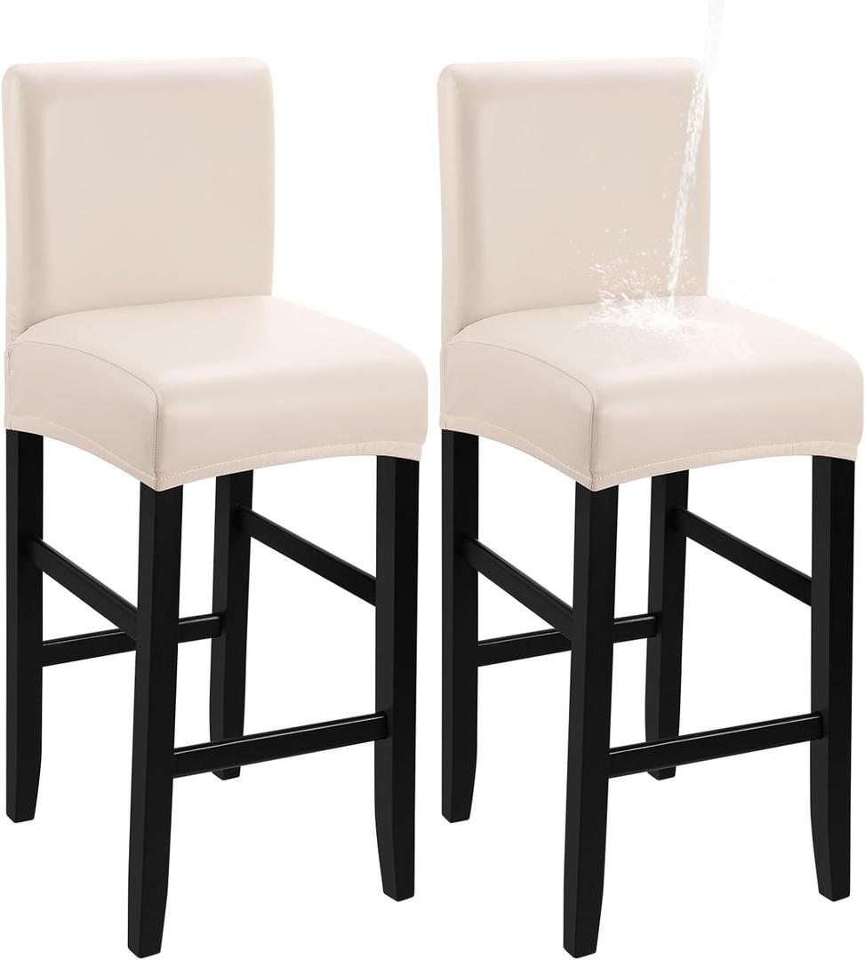 YISUN Waterproof Bar Stool Covers, Pu Leather Counter Chair Cover Removable Washable Barstool Slipcovers, Stretch Pub Tall Chair Covers with Backs (2 Pack, Pale Beige)