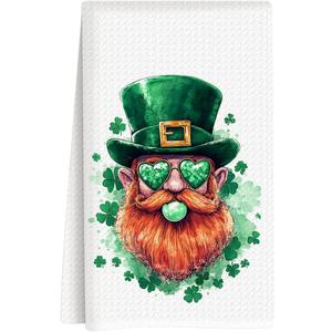 St Patricks Day Kitchen Towels, St Patricks Day Leprechaun Decorations, Shamrock Decorations, Retro Leprechaun Blowing Bubble Hand Towels for Spring Seasonal Home Kitchen Bathroom 16x24 Inch
