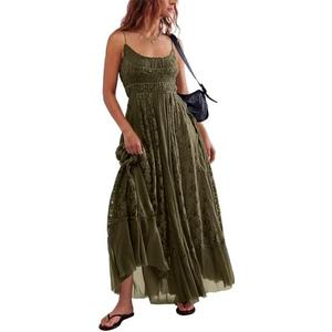 Gacaky Summer Dress for Women Casual Lace Floral Embroidered Bohemian Maxi Dress Flowy A Line Beach Long Dresses.M