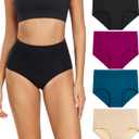 wirarpa Women's Cotton Underwear High Waisted Ladies Panties Full Coverage Briefs 4 Pack (Regular & Plus Size) (Medium, Black/Deep Red/Teal/Beige - Set 16)