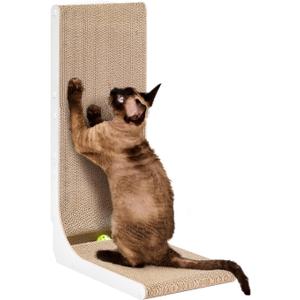 EHEYCIGA Cardboard Cat Scratcher for Indoor Cats, 26.8 Inch L Shaped Vertical Cat Scratching Board with Ball Cat Toy, Large Cat Scratcher Pad, White