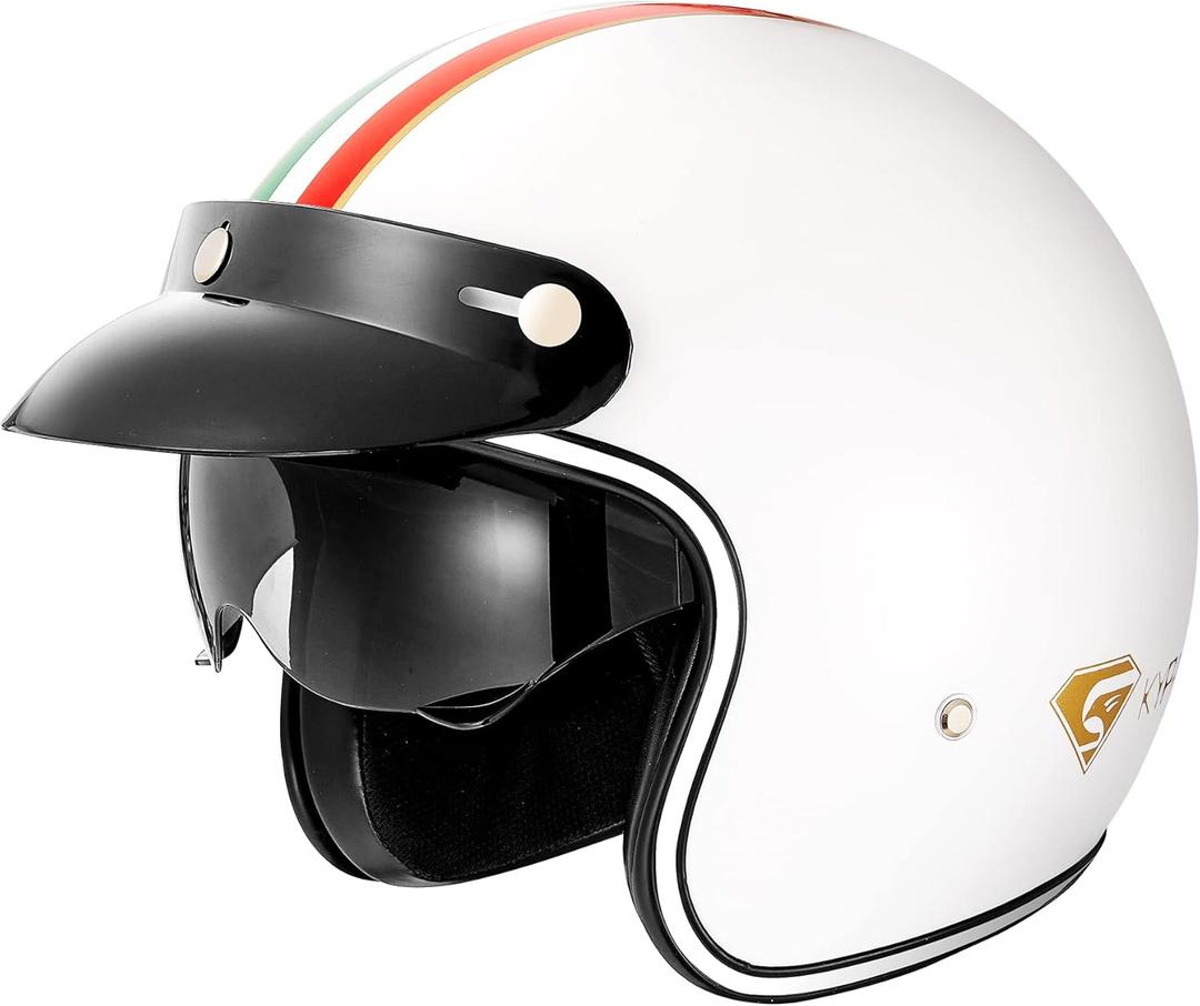 KYPARA DOT Approved Vintage Open Face Motorcycle Helmet with Open Face Helmet with Sun ShieldBubble Visor& Peak, Retro Half Helmet for Men & Women (It.White, L)