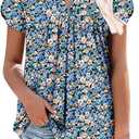 onlypuff Womens T Shirts Short Sleeve Pleated Floral Tunic Tops Dressy Casual Crew Neck Summer Boho Tops Blouses (Blue, L)