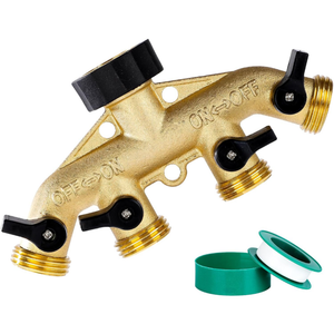 Dalmbox Garden Hose Splitter 4 Way, Water Hose Splitter, 3/4" Heavy-Duty Brass Garden Hose Splitter, Includes 5 Rubber Washers & Teflon Tape(1 pack)