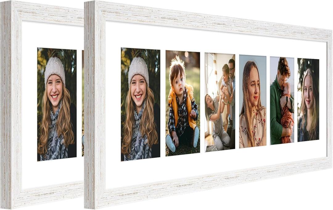 8x26 Collage frame with 6 Openings 4X6 Pictures, Multiple Picture Frame with Mat, Wall or Tabletop Decor, White Wood Grain,2 Pack