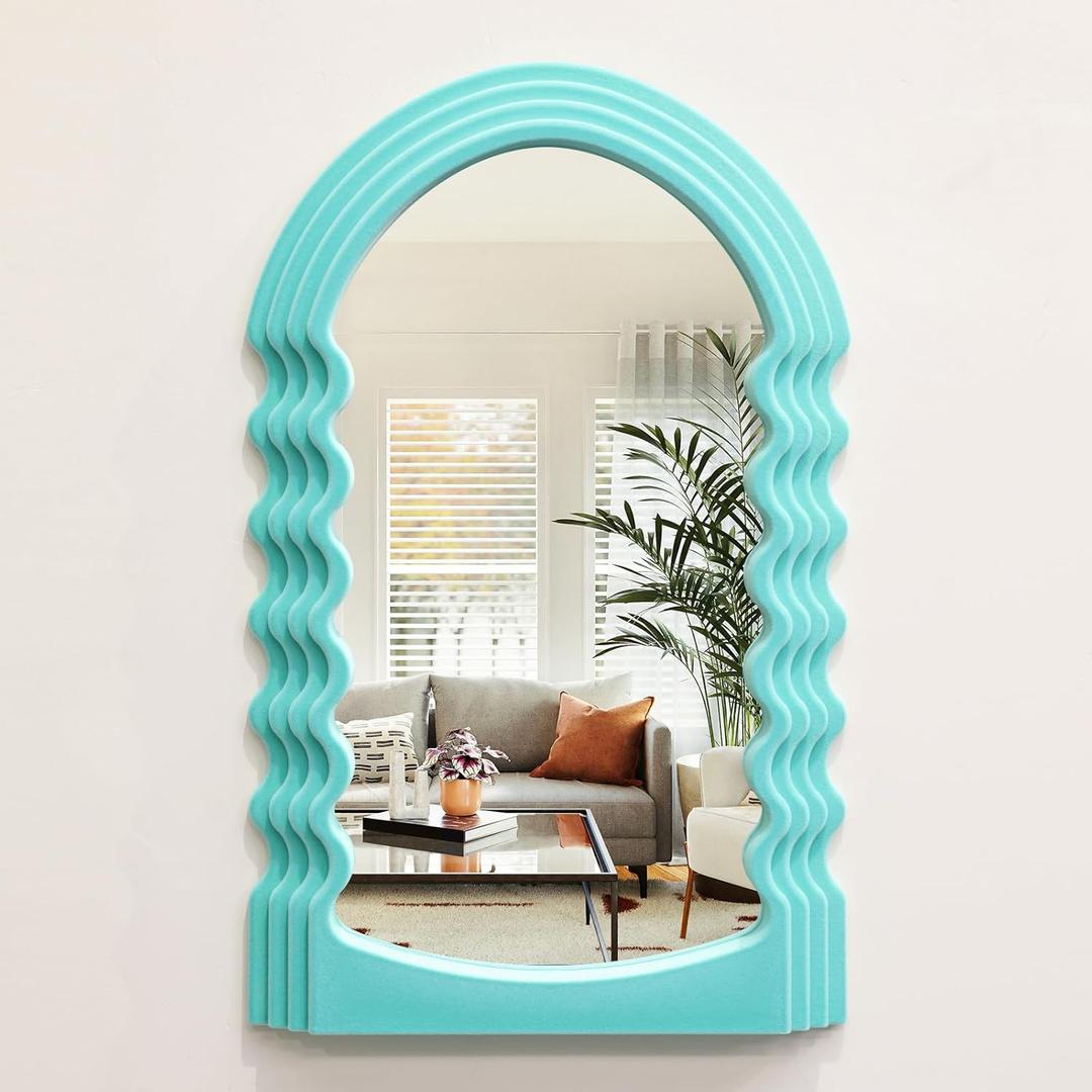 Arched Wall Mirror Home Office Decor, Cute Wall-Mounted Decorative Mirrors for Modern Apartment Bedroom Nusery Room Decoration, Hanging Wall Art Above TV Desk Table Decor (Turquoise Blue) (16x10")
