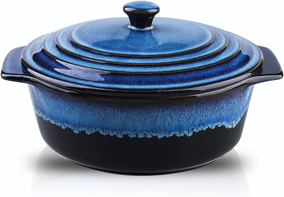 KOOV Ceramic Casserole Dish with Lid Oven Safe, 2 Quart Casserole Dishes, Covered Round Casseroles Dish Set, 9 inch Baking dish With Lid for Dinner, Deep Casseroles Cookware Set, Reactive Glaze (Nebula Blue)