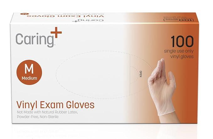 Caring Vinyl Exam Gloves (100ct), Powder Free and Not Made with Natural Rubber Latex, Gloves for Medical Use, First Aid, Food Prep and More, Medium