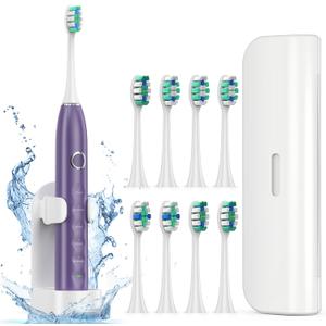 Electric Toothbrush for Adults with 8 Brush Heads, Sonic Toothbrush Rechargeable with a Holder & Travel Case, 2.5 Hours Charge for 120 Days Use - Purple