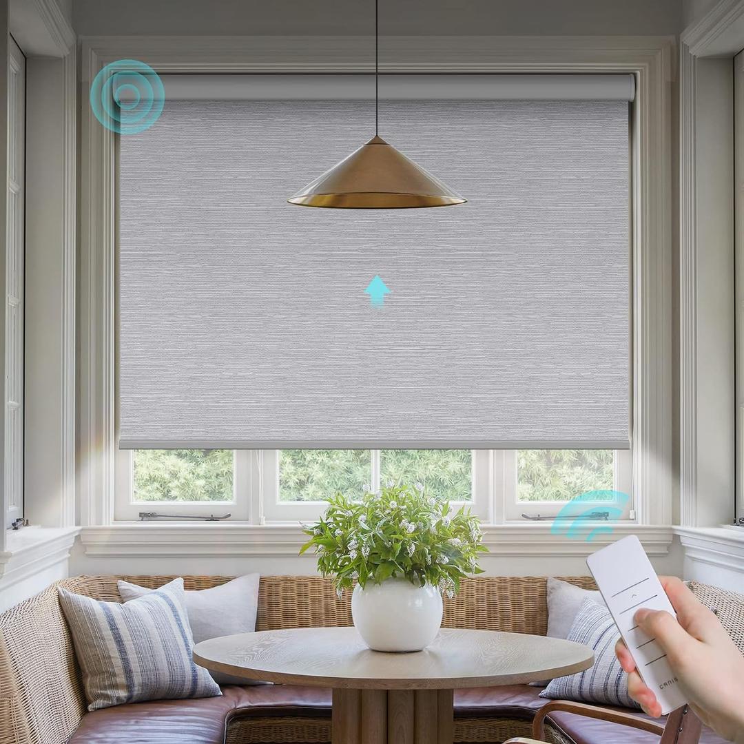 Motorized Blinds with Remote: Canisteo Battery Powered Control Electric Smart Roller Blinds Shades with Remote for Windows Cordless 100% Blackout, Grey, 46" W X 72" H