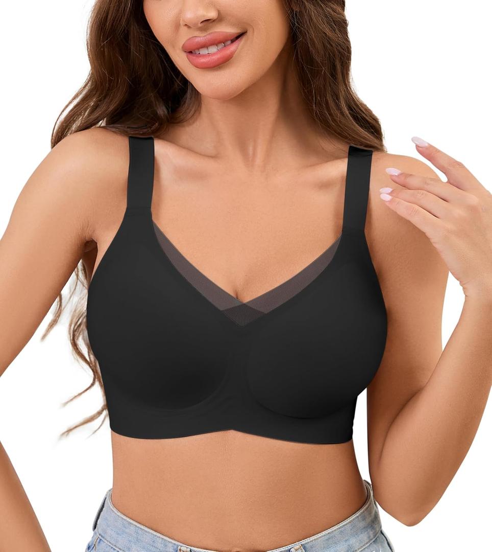 POSESHE Womens Wireless Bras V Mesh Comfortable Bralette Supportive Tshirt No Underwire Seamless Push Up Everyday Bra (Large, Black)