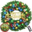 24 Inch Pre-Lit Artificial Christmas Wreath, Lighted Christmas Wreath for Front Door with Battery Operated 60 LED Lights, Decorated with Pine Cones, Berry Clusters,Christmas Collection
