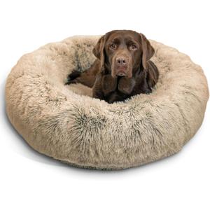 Best Friends by Sheri The Original Calming Donut Dog Bed  Washable Plush Pet Bed for Large Breeds up to 100 lbs, Shag Faux Fur, Taupe, Large (36" x 36")