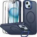 JAME for iPhone 15 Case with Stand, 2X [Tempered Glass Screen Protector][Compatible with Magnetic], Built-in Camera Kick-Stand Phone Cover for iPhone 15, Magnetic Case for iPhone 15 6.1, Blue