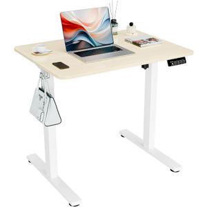 Electric Standing Desk, 31.5" x 23.6" Height Adjustable Sit Stand Desk with Splice Board for Home Office, Computer Desk Memory Preset (White Frame, Gold Oak Desktop) (32-inch)