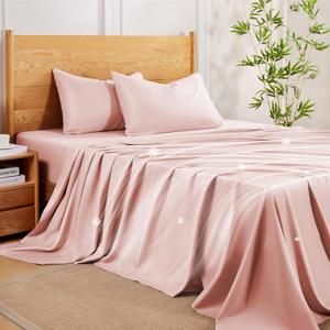 MR&HM Full Size Bed Sheets, 4-Piece Cooling Sheets, Rayon Derived from Bamboo & Polyester Blend, Soft & Silky, 15" Deep Pockets with Elastic Straps, Hotel Luxury for Hot Sleepers, Pink