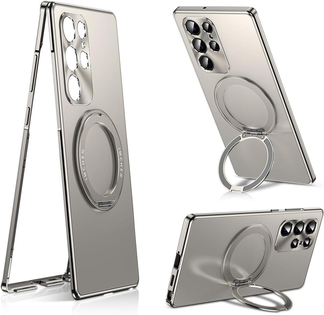 IMCHEN for Samsung Galaxy S24 Ultra Metal Case with 360 Rotating Ring Stand - Refined Protection and Versatility, Titanium