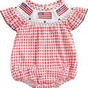 4th of July Baby Girl Outfit Flag Embroidery Smocked Bubble Romper Ruffle Bodysuit Cute Summer Clothes, Size 70