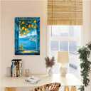 Vibrant vintage window canvas painting frame lemon tree branches with yellow fruits turquoise ocean waves white village red roofs in the distance scattered clouds coastal scenery tranquil home decor