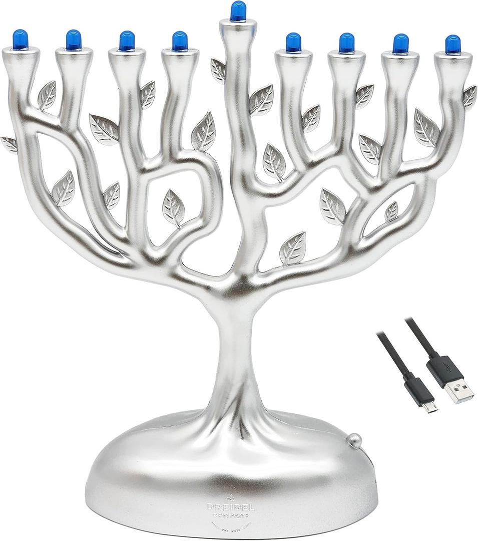 Silver Matte Small Electric Menorah, Tree of Life Design Hanukkah Menorah, LED, Travel, Light It Anywhere! Batteries or USB Powered, Micro USB 4 Inch Cable Included, Measures 6 Inches Tall