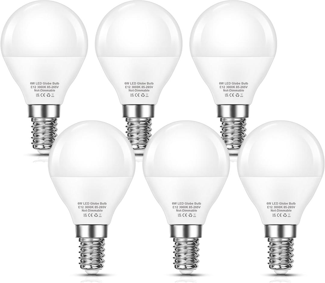 EvaStary Ceiling Fan Light Bulb E12 Candelabra Base, 3000K Warm White 60 Watt Equivalent, E12 LED Chandelier Light Bulbs, 6W 600LM Brightness G14 Mini Globe Candelabra Lighting, Non-dimmable, 6 Pack