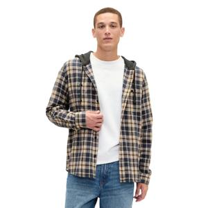 GAP Men's Long Sleeve Hooded Flannel Button-Down Shirt, Khaki Black Plaid, Large (L)