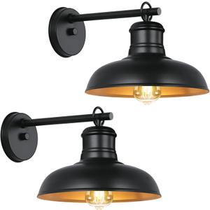 Outdoor Wall Lights, Black and Gold Indoor Outdoor Barn Lights with E26 Socket, Anti-Rust Waterproof Exterior Lighting Fixtures for House Patio Porch Doorway(2 Pack)