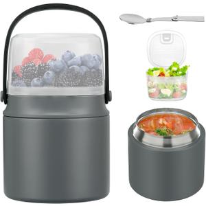 2-In-1 Soup Thermo for Hot Food Kids, 15 Oz Insulated Food Container and a Snack Box, Wide Mouth, Leak Proof, Stainless Steel Spoon, Dishwasher Safe Food Thermo Set for School, Work, Travel, Gray