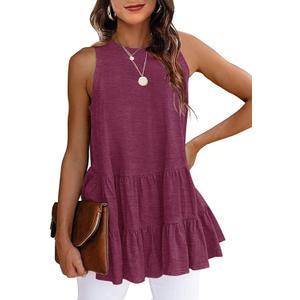 HAEOF Women's Summer Sleeveless Peplum Babydoll Tops Casual Crew Neck Flowy Loose Fit Tunic Tank Shirts (X-Large, Purplered)