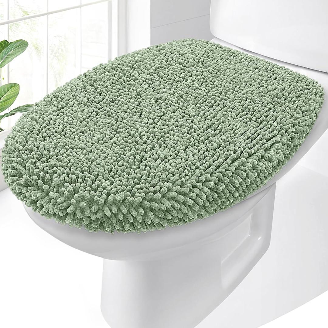 OLANLY Soft Chenille Bathroom Toilet Lid Cover, Machine Washable Seat Covers, 17.5x15, Stays in Place Rubber Backing, Fits Most Round, Elongated and Oblong Lids, Accessories Decor, Sage Green