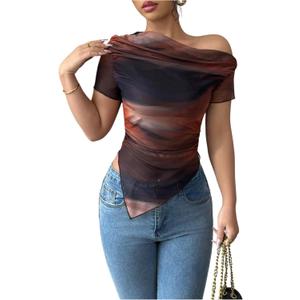 Women's Off The Shoulder Tie Dye Ombre Mesh T Shirt Short Sleeve Asymmetrical Ruched Crop Tops (Brown, S)