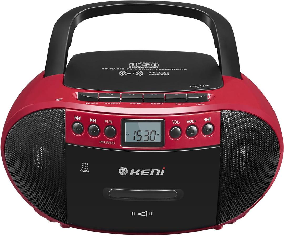 G Keni Portable CD and Cassette Player Boombox Combo, Casette Tape Recorder with Remote, AM FM Radio, USB Playback with Earphone Jack, 5.1V Bluetooth Speaker, Battery Operated/AC Powered for Home(Red)