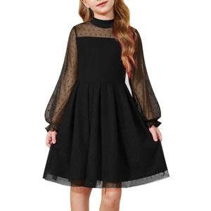 Arshiner Girls Dresses Contrast Mesh Puff Long Sleeve Mock Neck Formal Party A Line Short Tulle Dress, 8