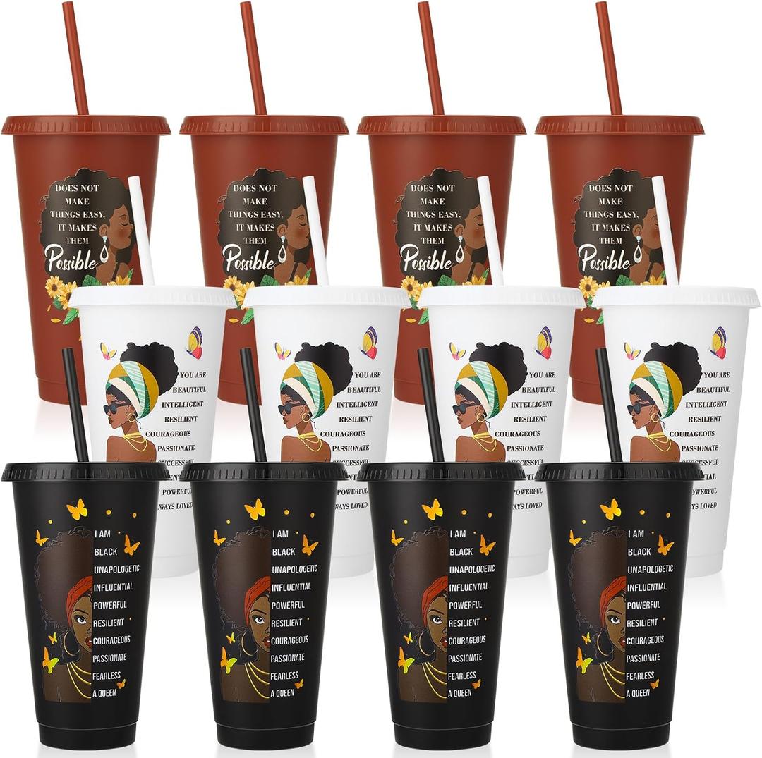 12 Pcs African American Cups with Lids and Straws, 24 oz Black Women Drinking Cups Black Owned Inspirational Gift for Women Lady