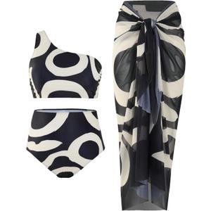 Floerns Women's Plus Size 3 Piece Bathing Suit One Shoulder Bikini Set with Cover Up (XX-Large Plus, Black Multi)