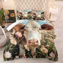 Ydtwnyq Floral Pattern Queen Size Bedding Set Girls Boys Kids Teens Adults Comforter Set Lightweight Fluffy Warm Microfiber Animal Theme Cow Face Pink Flowers Quilt Set