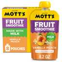Motts Fruit Smoothies Vanilla Peach, 4.2 oz clear pouches, 8 Pack, Made With Milk, Made With Real Fruit, Good Source of Calcium, On-the-Go, BBD: 06/03/26
