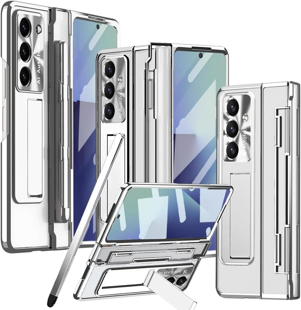 for Samsung Galaxy Z Fold 7 Case with S Pen Holder & Stylus, One-Piece Z Fold7 Clear Case with Kickstand Hinge Protection HD Screen Protector Anti-Scratch Protective Cover for Z Fold 7 Grey