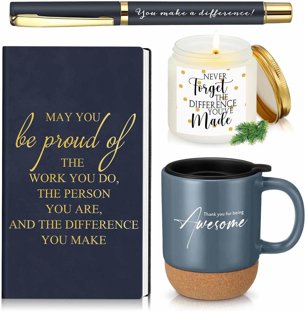 Sayglossy 4 Pcs Thank You Gift Set for Men Women Employee Coworker Gifts Inspirational Appreciation Notebook Coffee Mug Scented Candle Pen for Valentine's Day Team Office Staff Teacher Volunteer (Dark Blue)