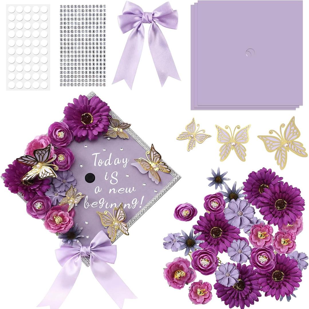 Gersoniel DIY Graduation Cap Decorations Kit 3 Construction Paper 15 Faux Assorted Flowers 3D Butterfly Pearl Rhinestone Bow Glitter Letter Stickers for DIY Hat Grad Cap Topper(Purple)