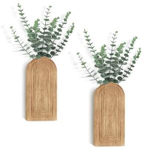 Dahey Wood Wall Planter Vase with Artificial Eucalyptus, 2 Pack Hanging Planter for Indoor Fake Plants Modern Boho Farmhouse Wall Art Decor for Bathroom Bedroom Kitchen Office Home Decoration, Natural